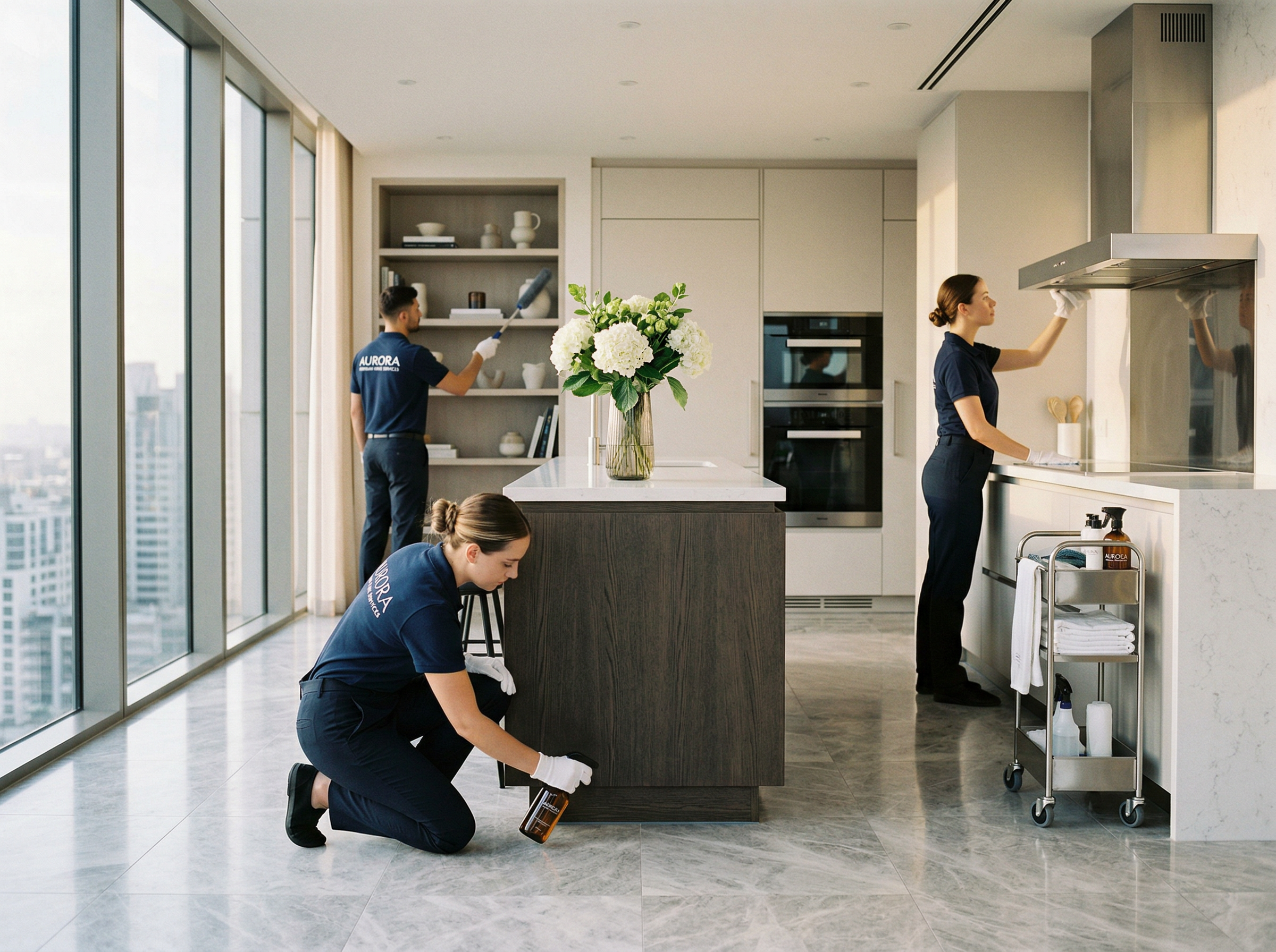 Sterling Crest team performing white-glove cleaning in a luxury Chicago residence